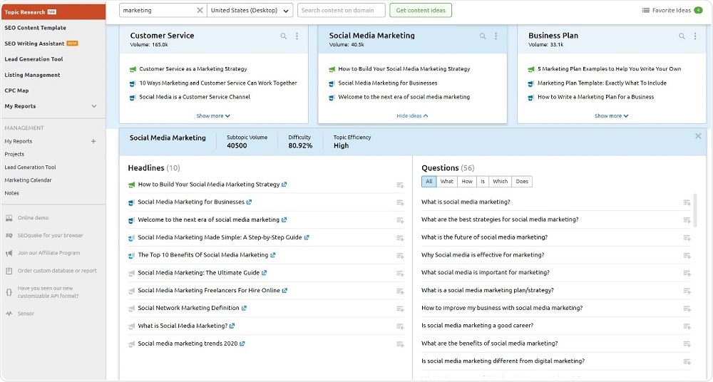 SEMRush topic research tool